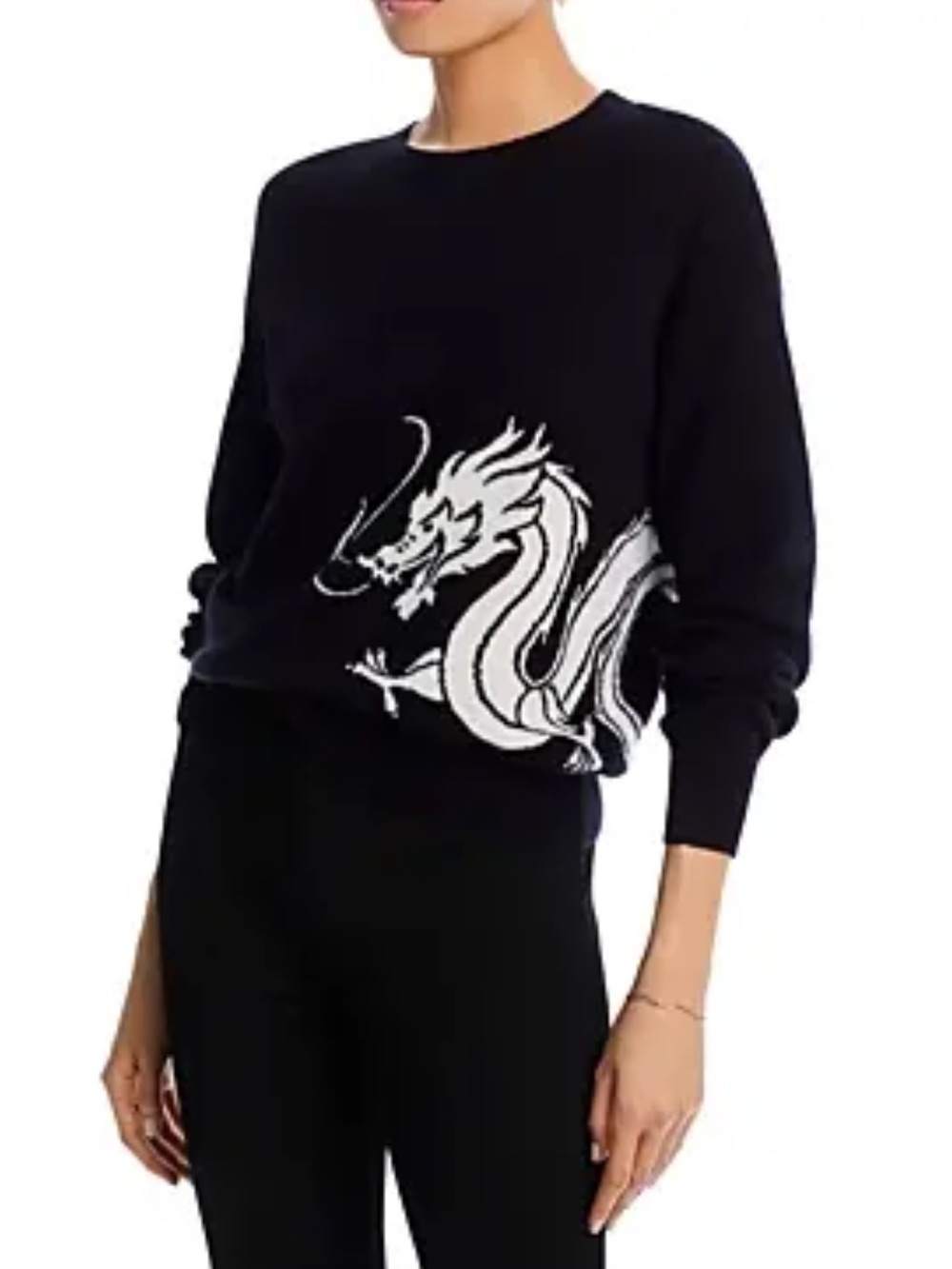 Aqua Cashmere Black Crewneck Sweater with White Dragon Graphic
